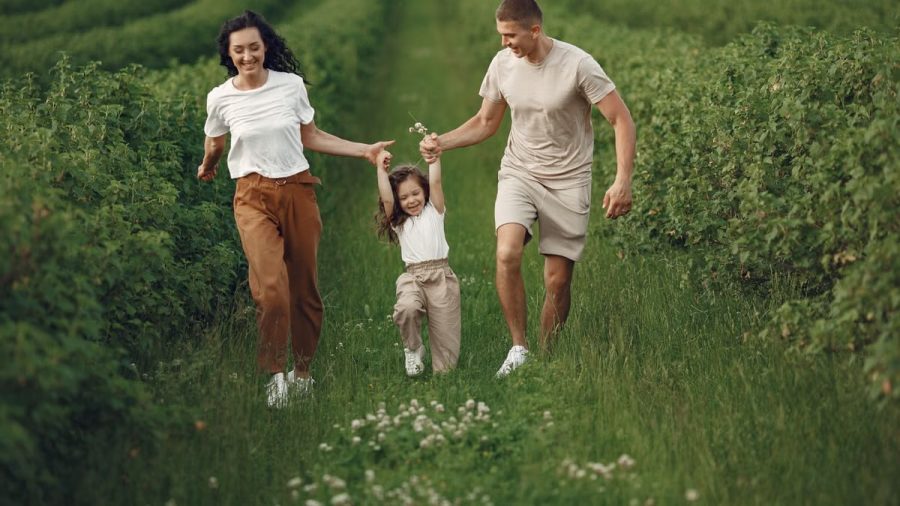 Joyful family enjoying a fun day outdoors in a green field, epitomizing togetherness and happiness.